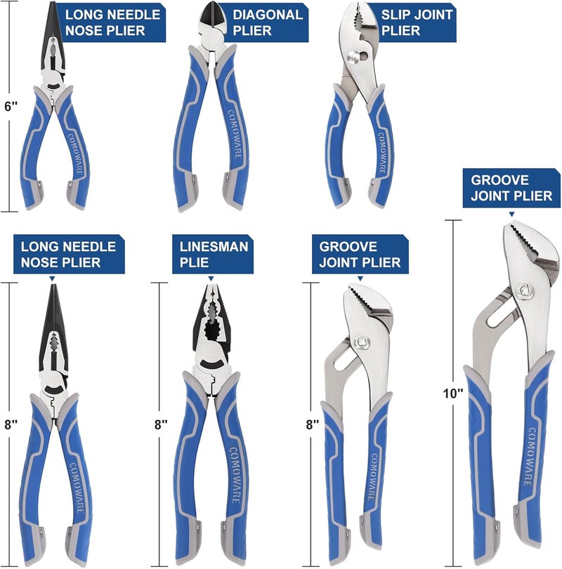 COMOWARE 7Pcs Pliers Set, Mechanic Plier with Rolling Pouch, 10", 8" Groove Joint Pliers, 8" Adjustable Wrench, 8" Linesman, 6" Long Needle Nose, 6" Slip Joint, 6" Diagonal, Roll-Up Pouch Organizer - Image 2